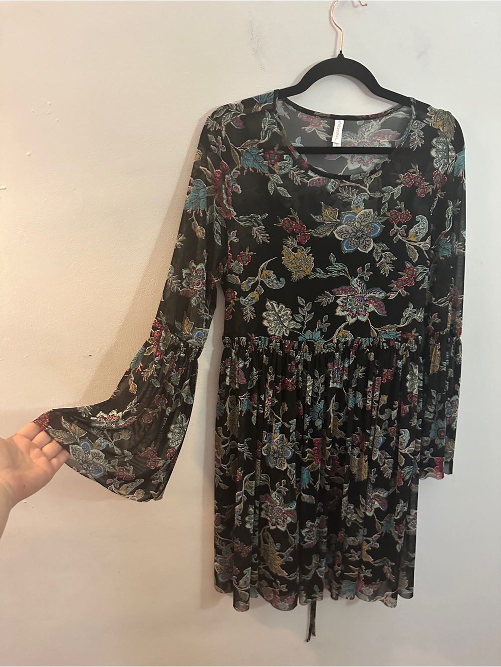 Xhilaration Black Floral Long-Sleeve Tiered Dress with Multicolor Flowers
